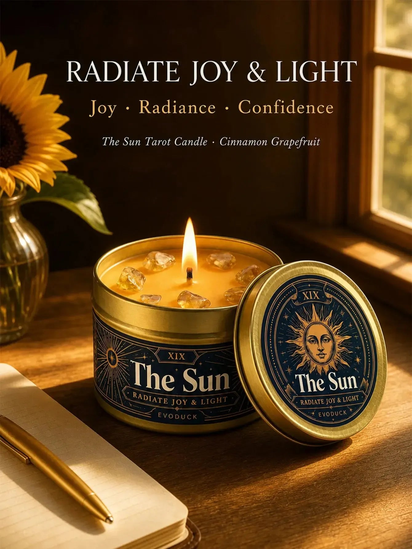 The Sun Tarot Candle – Scented Crystal Candle for Witchy Altar Decor-MoonChildWorld
