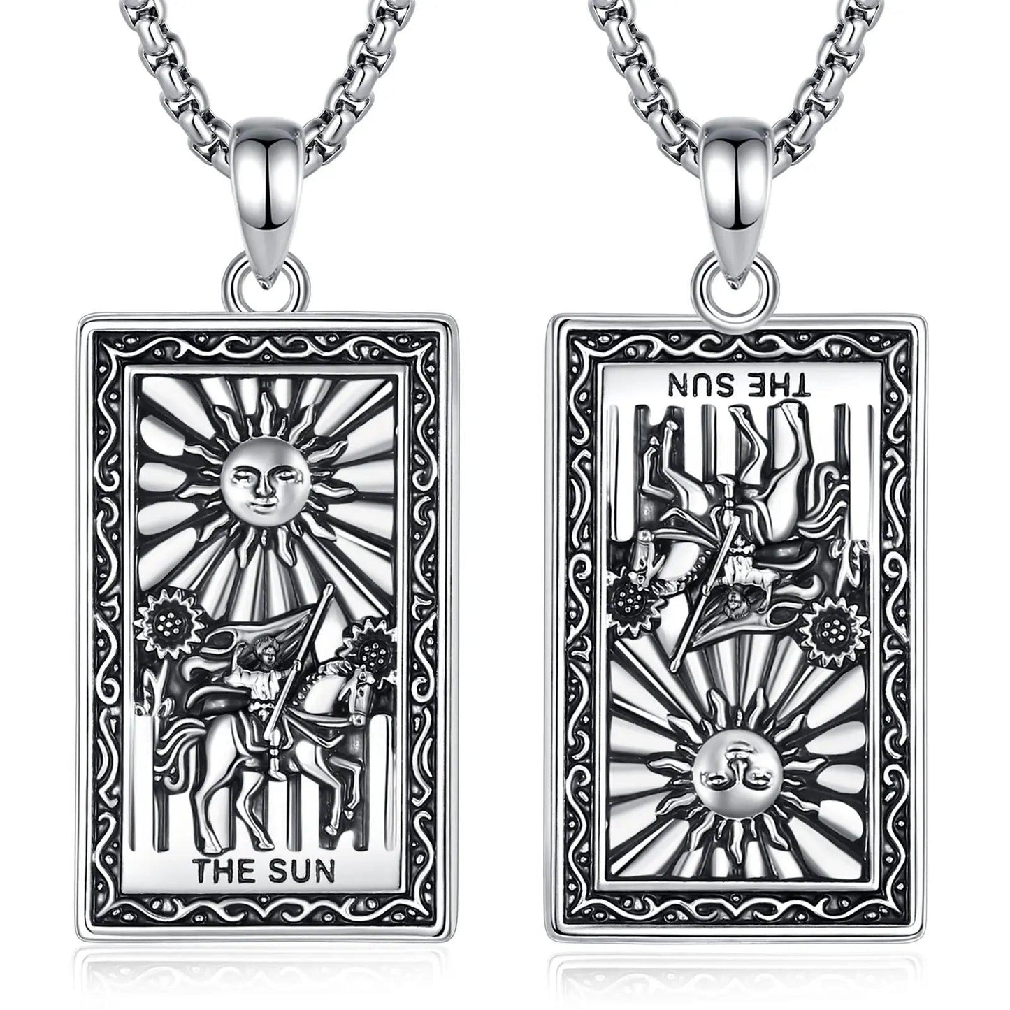 Silver "The Sun" Major Arcana Tarot card necklace, showing upright and reversed designs.