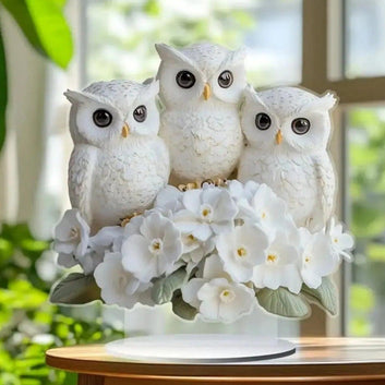 The White Owls Statue 2D Flat Acrylic Figurine - Family Owl Table Ornament Desktop Decor-MoonChildWorld