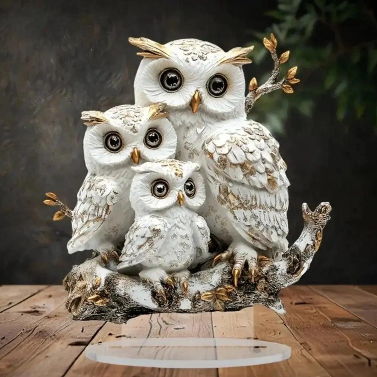 The White Owls Statue 2D Flat Acrylic Figurine - Family Owl Table Ornament Desktop Decor-MoonChildWorld