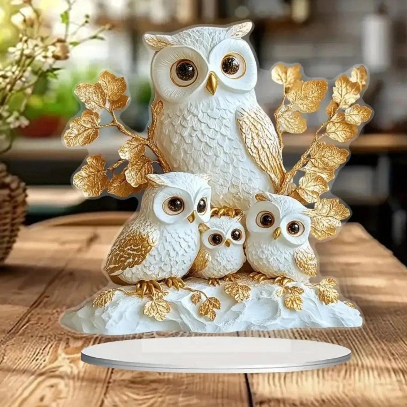 The White Owls Statue 2D Flat Acrylic Figurine - Family Owl Table Ornament Desktop Decor-MoonChildWorld