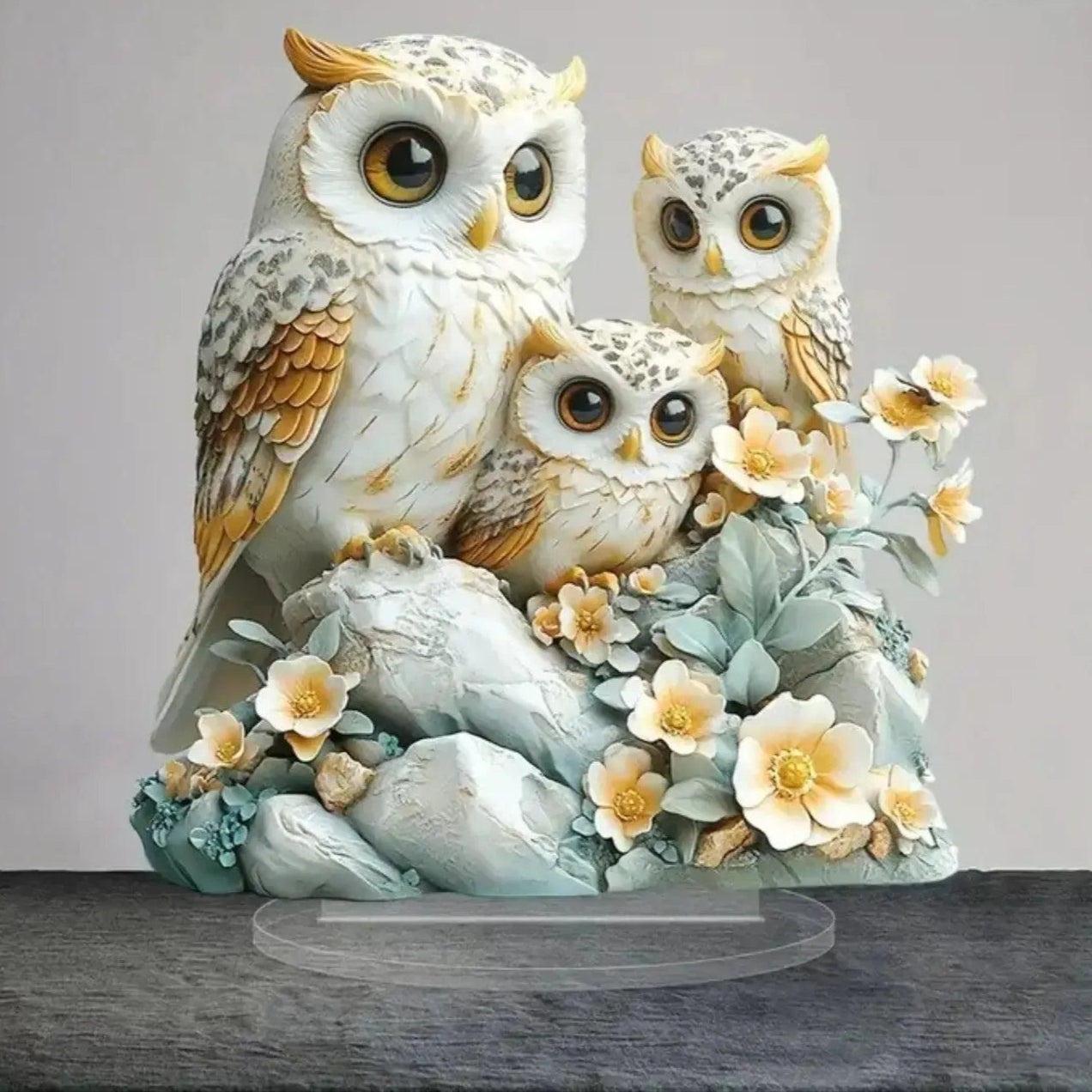 The White Owls Statue 2D Flat Acrylic Figurine - Family Owl Table Ornament Desktop Decor-MoonChildWorld