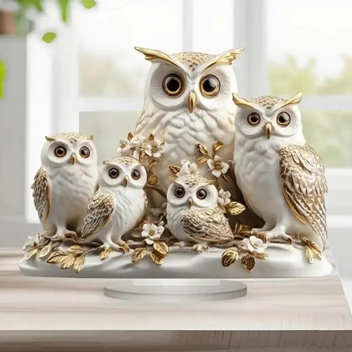 The White Owls Statue 2D Flat Acrylic Figurine - Family Owl Table Ornament Desktop Decor-MoonChildWorld