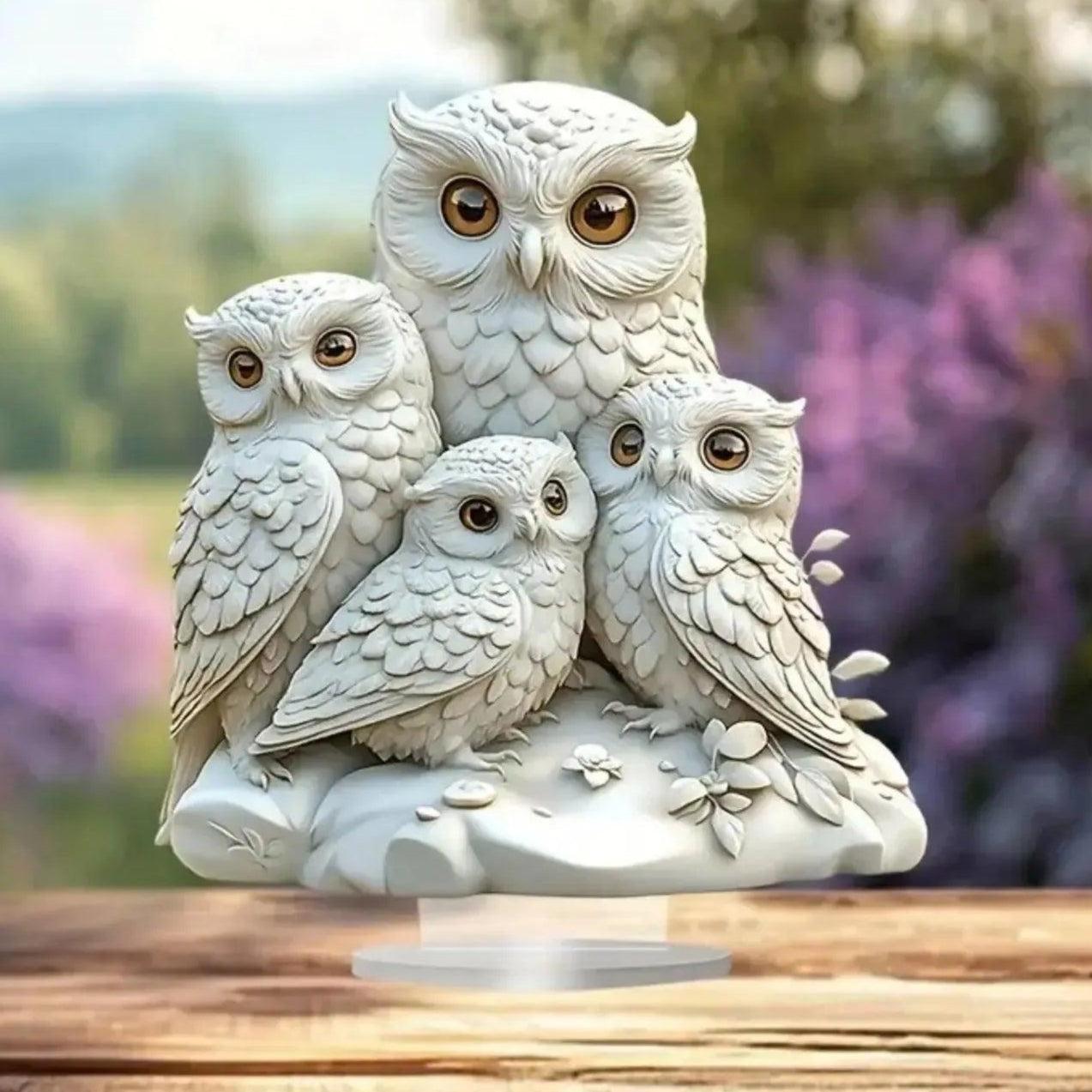 The White Owls Statue 2D Flat Acrylic Figurine - Family Owl Table Ornament Desktop Decor-MoonChildWorld