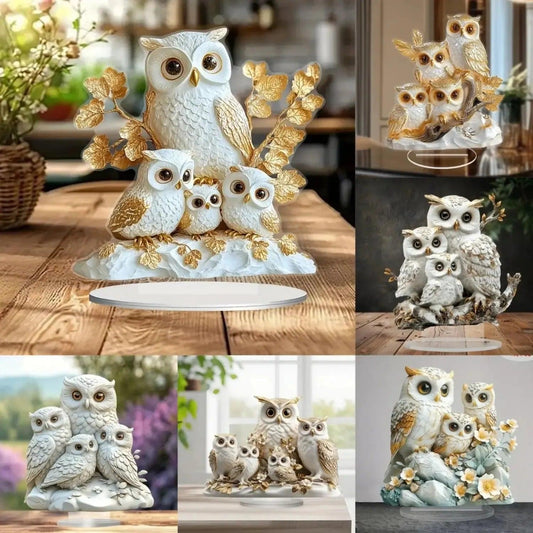 The White Owls Statue 2D Flat Acrylic Figurine - Family Owl Table Ornament Desktop Decor-MoonChildWorld