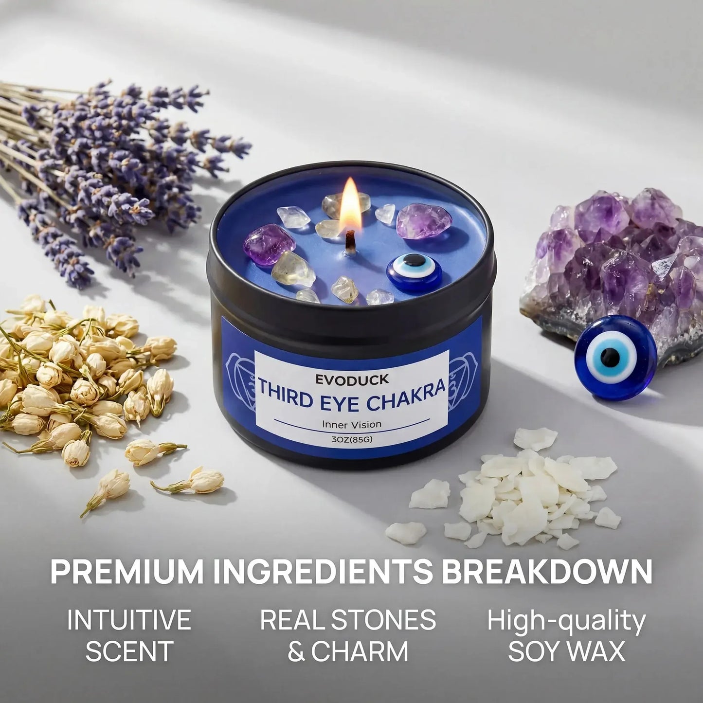 Third Eye Chakra candle premium ingredients: intuitive scent, real crystals and charm, soy wax
