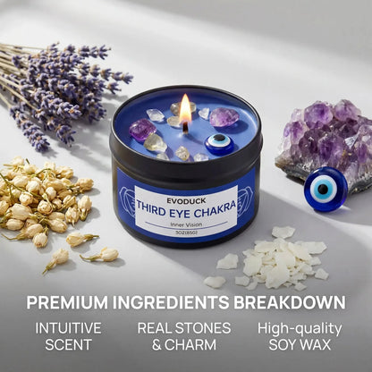 Third Eye Chakra candle premium ingredients: intuitive scent, real crystals and charm, soy wax