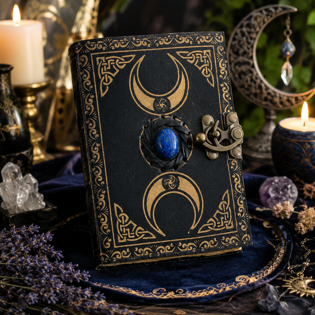 Third eye crystal stone triple moon journal – witch book of shadows grimoire, stone inlay, view 2