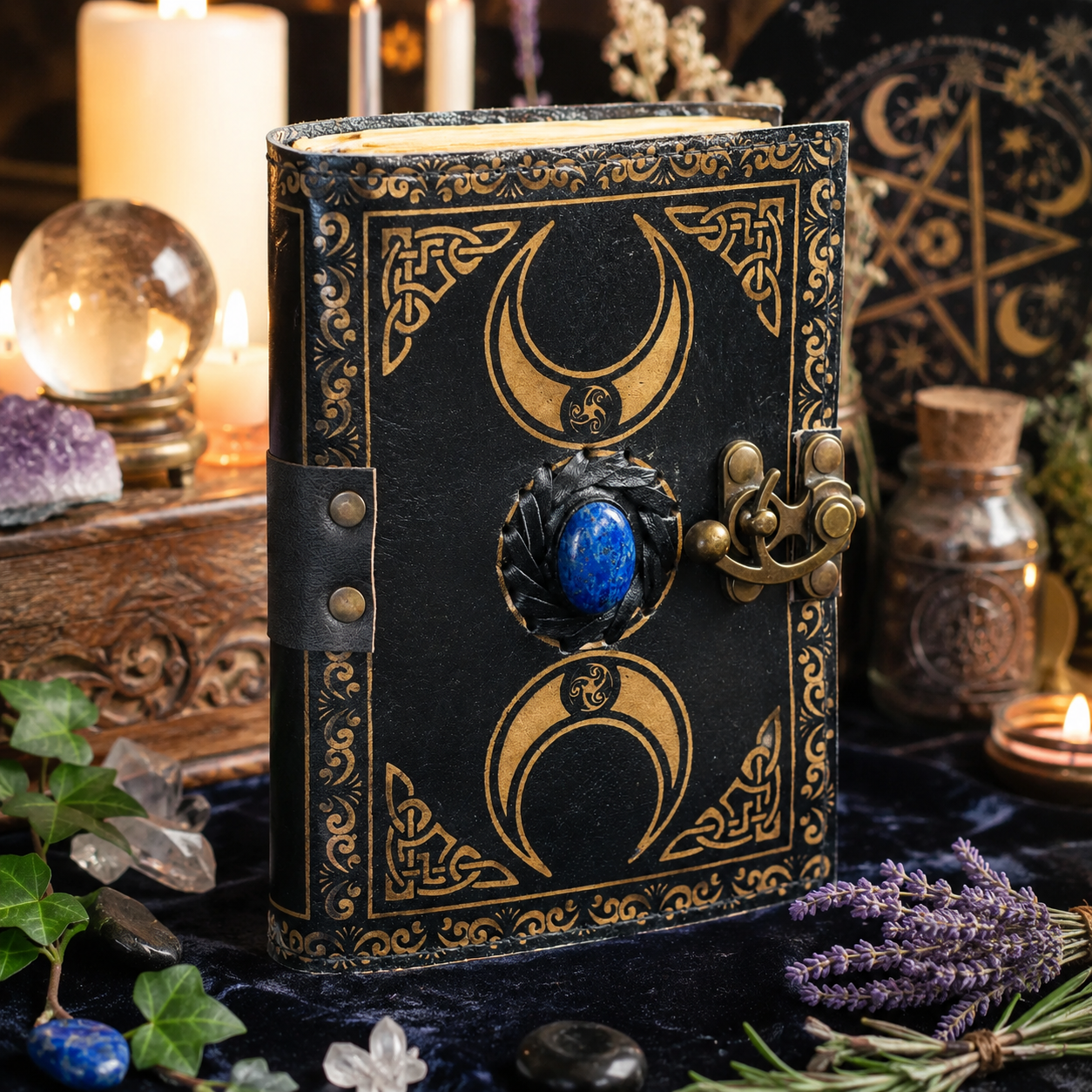 Third eye crystal stone triple moon journal – witch book of shadows grimoire, stone inlay, view 3