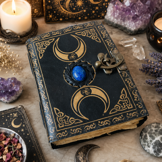 Third eye crystal stone triple moon journal – witch book of shadows grimoire, stone inlay, view 1