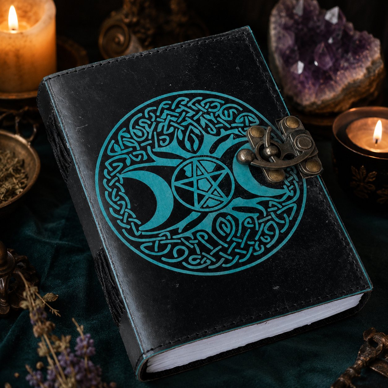 Third Eye Triple Moon Leather Journal – Antique Handmade Witch Grimoire Soft Cover – leather journal, back cover view