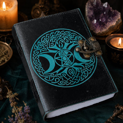 Third Eye Triple Moon Leather Journal – Antique Handmade Witch Grimoire Soft Cover – leather journal, back cover view