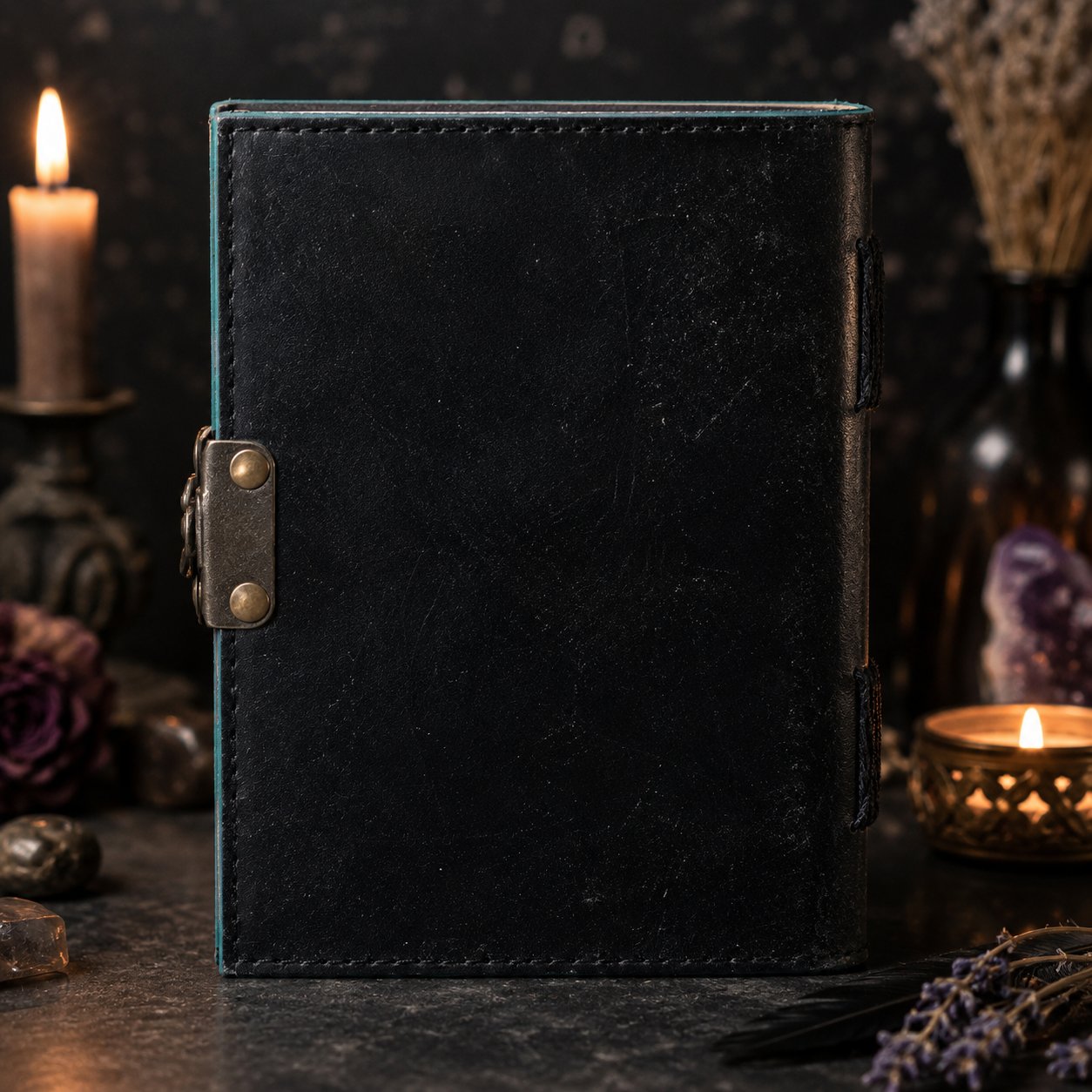 Third Eye Triple Moon Leather Journal – Antique Handmade Witch Grimoire Soft Cover – leather journal, open blank pages view