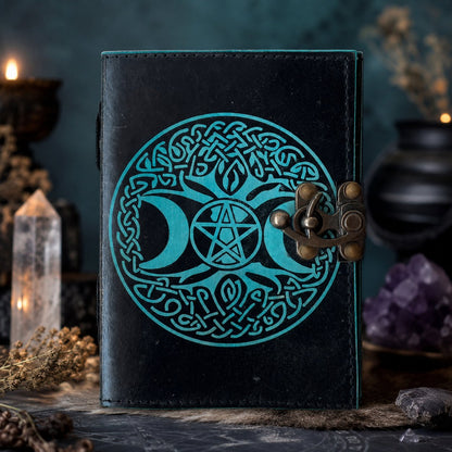 Third Eye Triple Moon Leather Journal – Antique Handmade Witch Grimoire Soft Cover – leather journal, front cover view