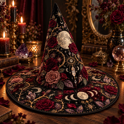 Thorn Moon Quilted Witch Hat – Rose Moon Phase Gothic Brim Hat – styled with candles and crystals