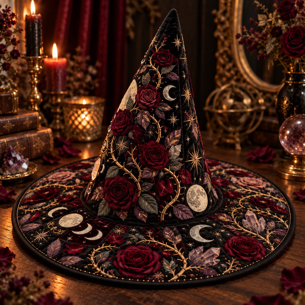 Thorn Moon Quilted Witch Hat – Rose Moon Phase Gothic Brim Hat – styled with candles and crystals