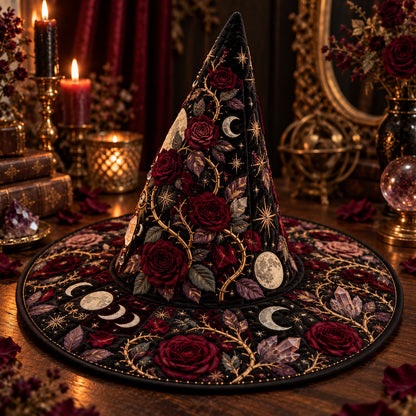 Thorn Moon Quilted Witch Hat – Rose Moon Phase Gothic Brim Hat – styled with candles and crystals