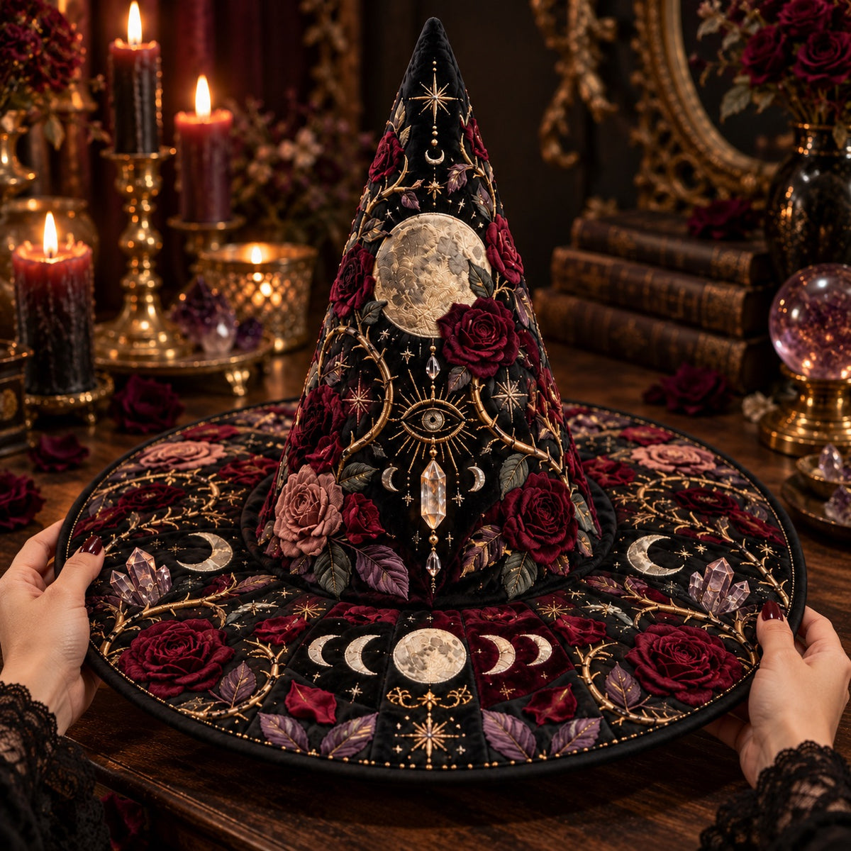 Thorn Moon Quilted Witch Hat – Rose Moon Phase Gothic Brim Hat – held in both hands