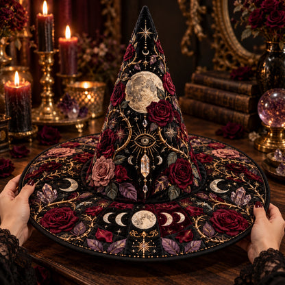 Thorn Moon Quilted Witch Hat – Rose Moon Phase Gothic Brim Hat – held in both hands
