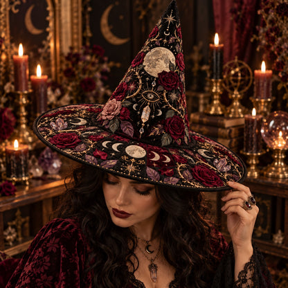 Thorn Moon Quilted Witch Hat – Rose Moon Phase Gothic Brim Hat – worn by a model