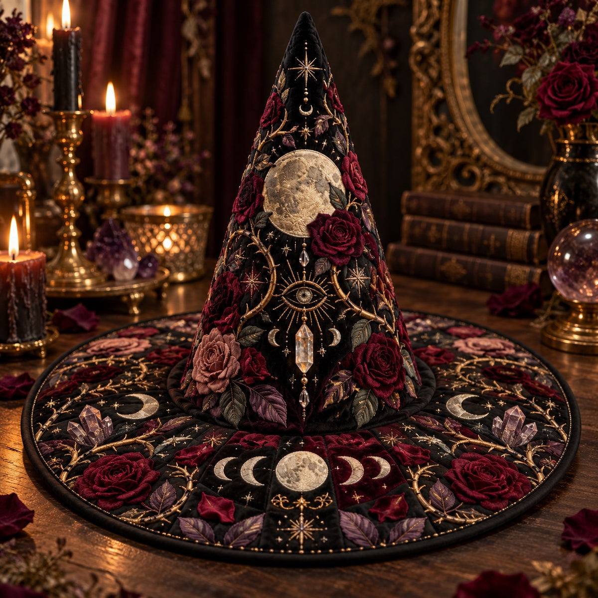 Thorn Moon Quilted Witch Hat – Rose Moon Phase Gothic Brim Hat – on an altar table