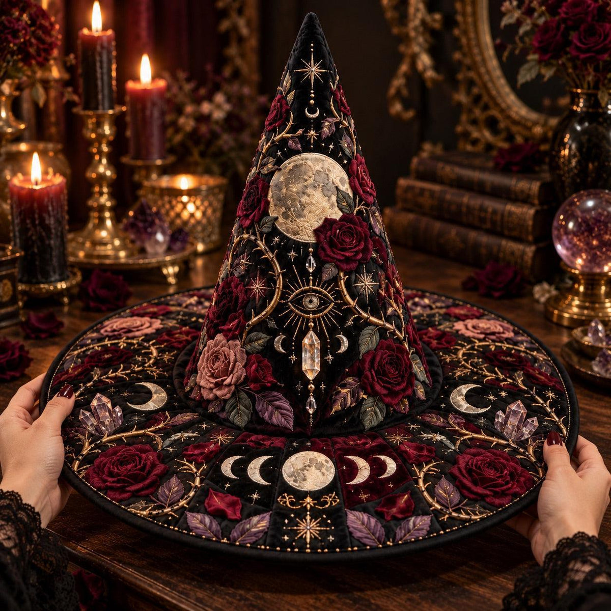 Thorn Moon Quilted Witch Hat – Rose Moon Phase Gothic Brim Hat – held in both hands
