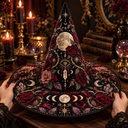 Thorn Moon Quilted Witch Hat – Rose Moon Phase Gothic Brim Hat – held in both hands