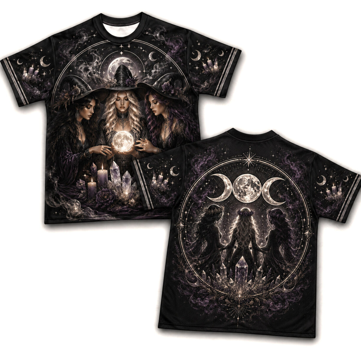 Three Witches Crystal Ball T-Shirt Triple Moon Coven Tee front and back together