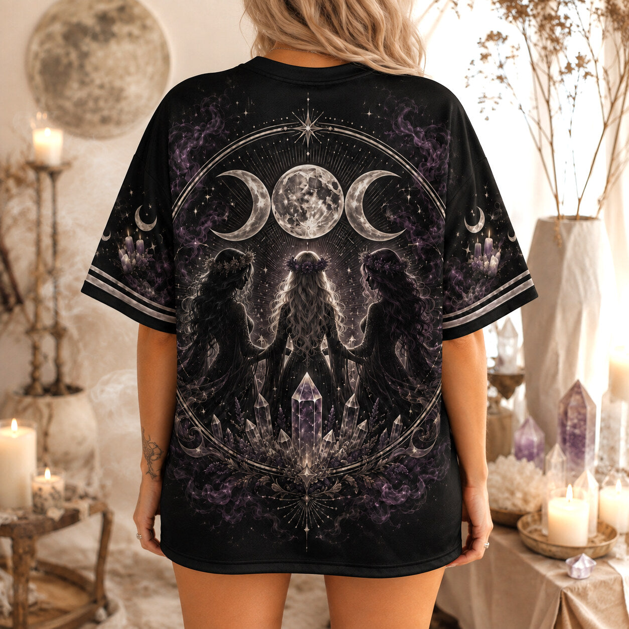 Three Witches Crystal Ball T-Shirt Triple Moon Coven Tee worn, back view