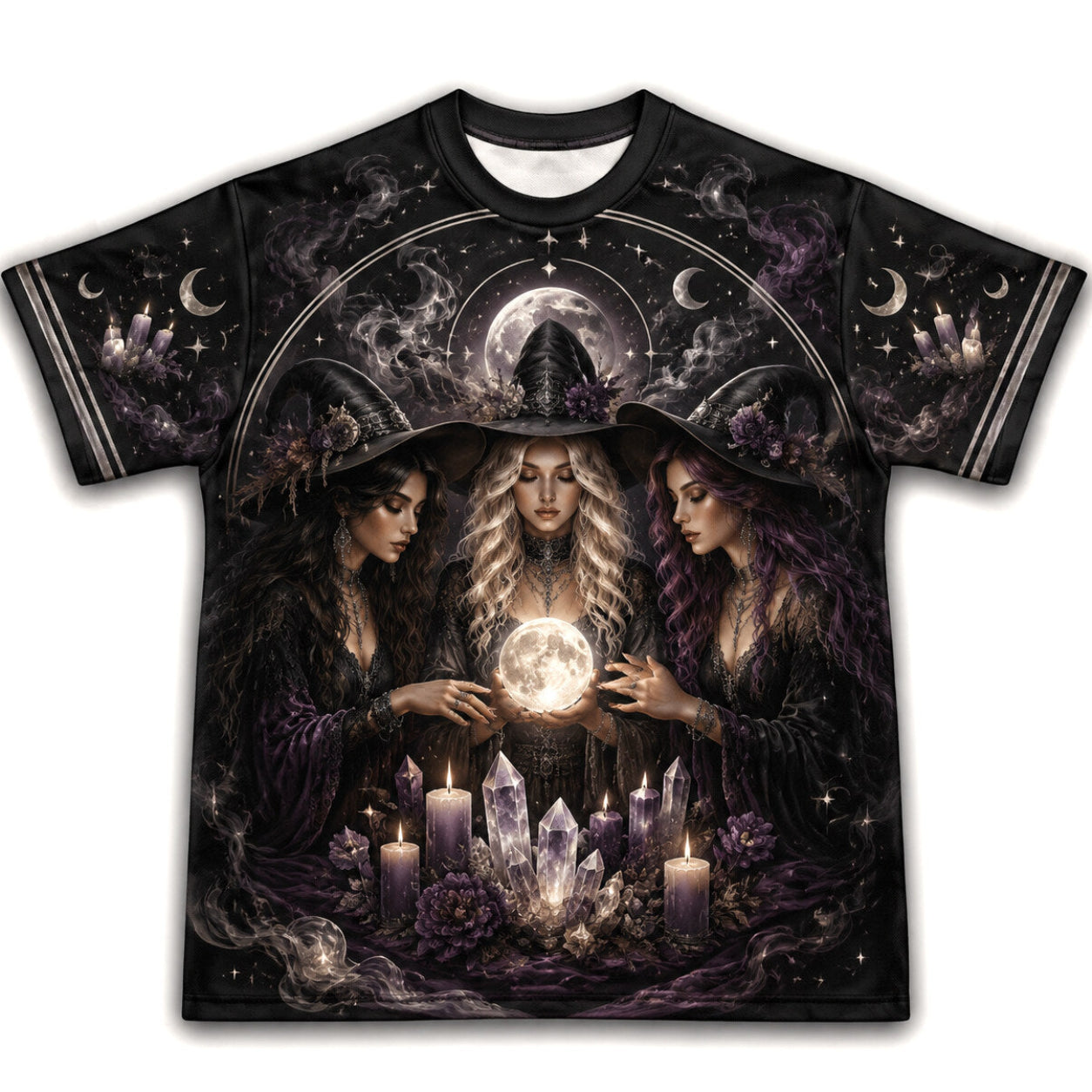 Three Witches Crystal Ball T-Shirt Triple Moon Coven Tee front view