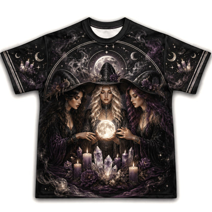 Three Witches Crystal Ball T-Shirt Triple Moon Coven Tee front view