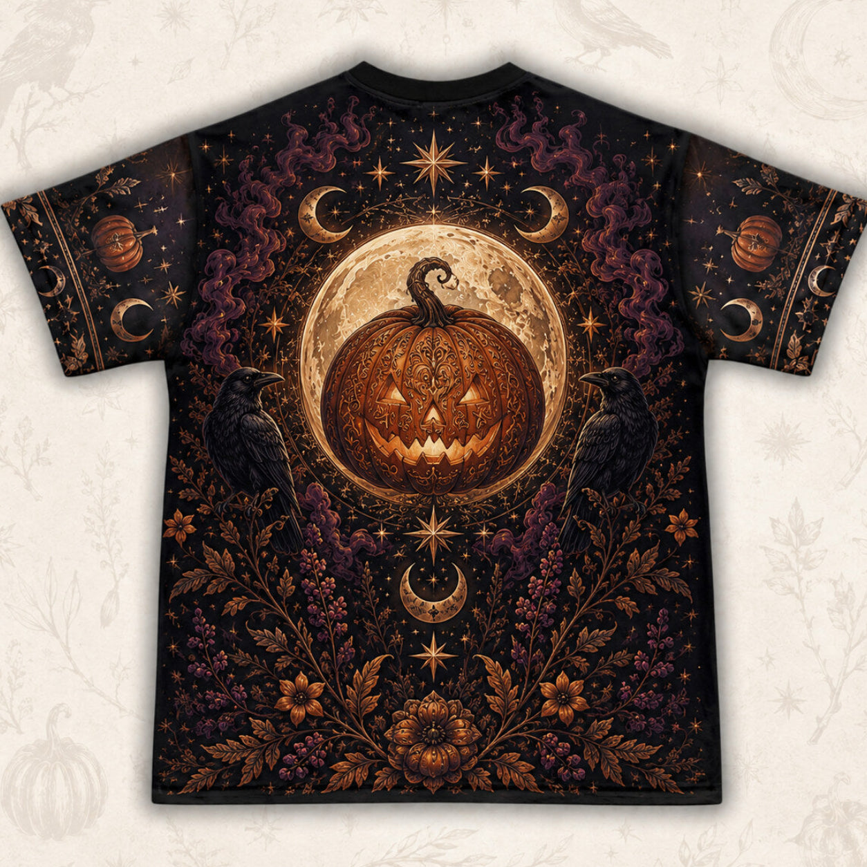 Three Witches Pumpkin T-Shirt Harvest Moon Raven Samhain Tee back view