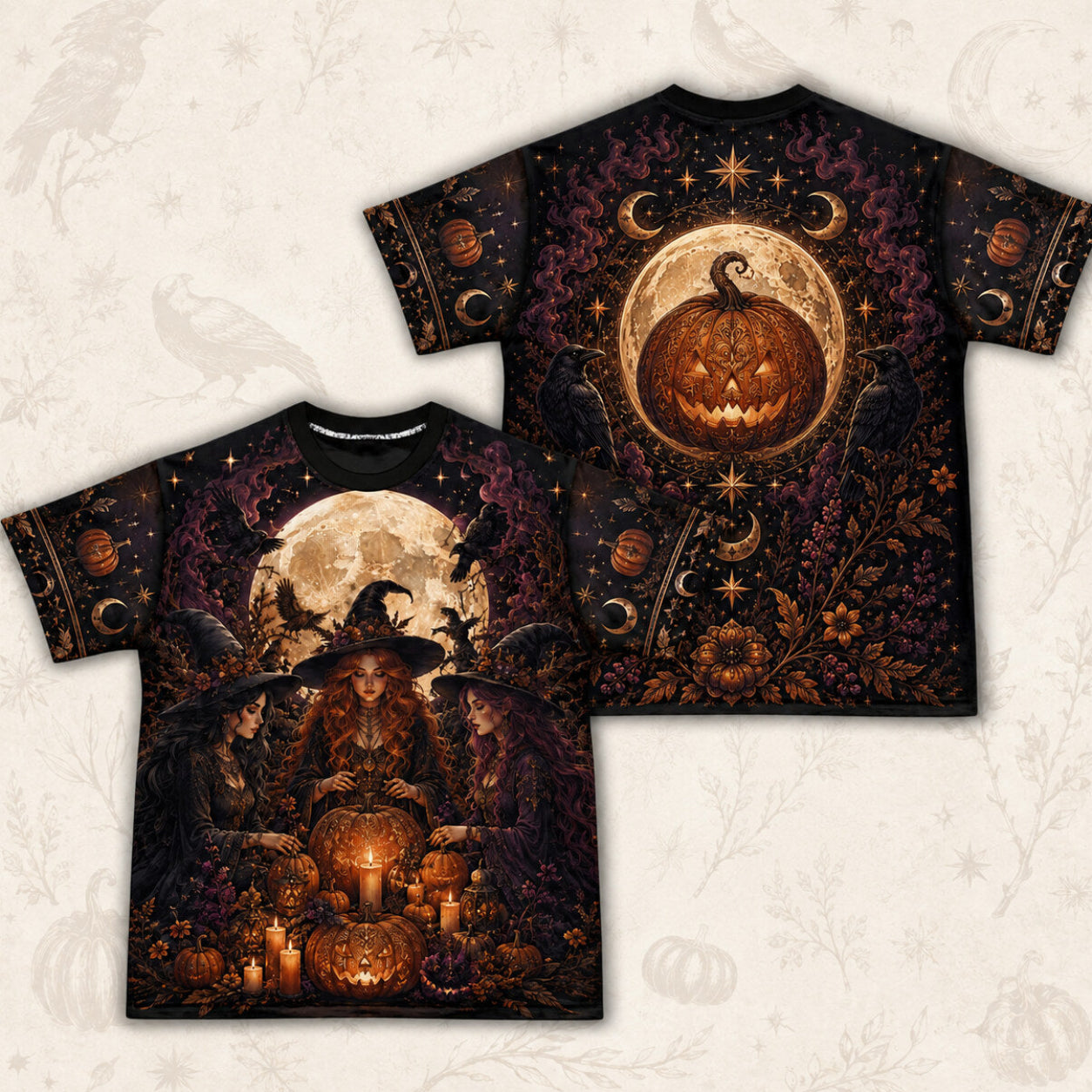 Three Witches Pumpkin T-Shirt Harvest Moon Raven Samhain Tee front and back together
