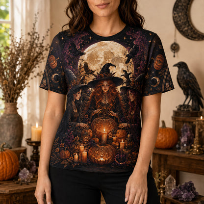 Three Witches Pumpkin T-Shirt Harvest Moon Raven Samhain Tee worn, front view