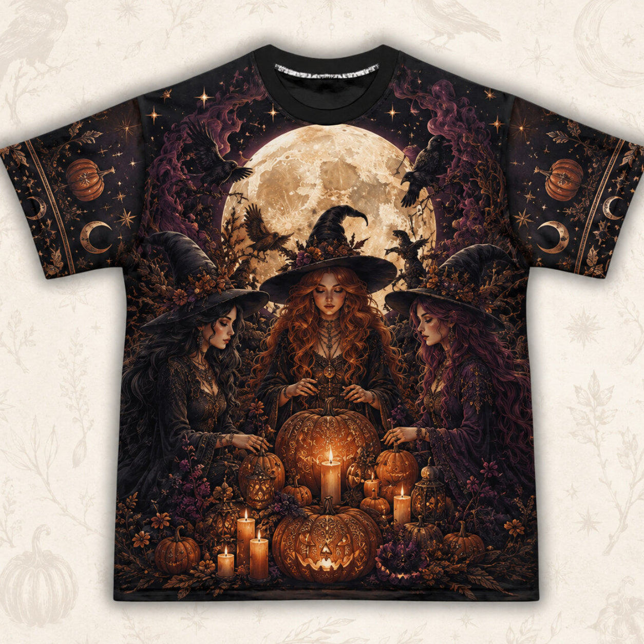 Three Witches Pumpkin T-Shirt Harvest Moon Raven Samhain Tee front view