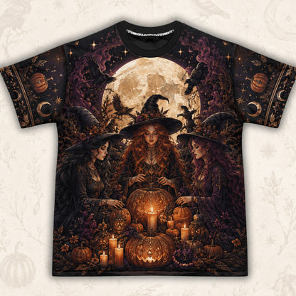 Three Witches Pumpkin T-Shirt Harvest Moon Raven Samhain Tee front view