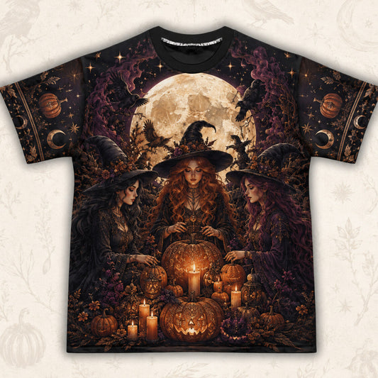 Three Witches Pumpkin T-Shirt Harvest Moon Raven Samhain Tee front view
