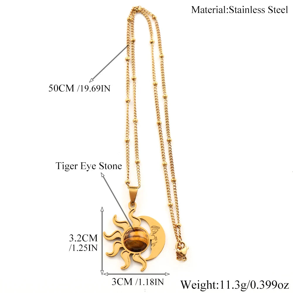Pendant and chain measurement diagram: Tiger Eye Sun Moon Necklace in Stainless Steel, featuring a tiger eye center framed by sun rays and a crescent moon face.