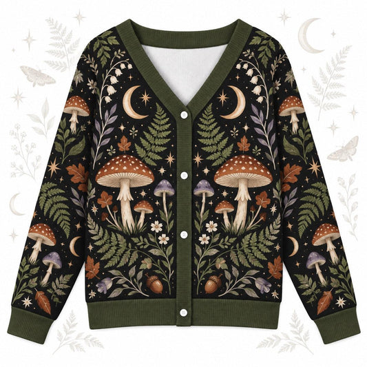 Toadstool Fern Acorn Witchy Cardigan for Women Forest Green Cottagecore, front view