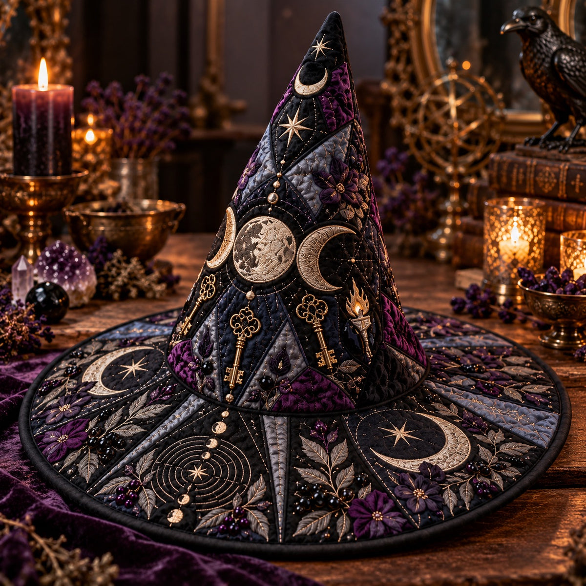 Torchlit Key Quilted Witch Hat – Triple Moon Witchcraft Brim Hat – styled with candles and crystals