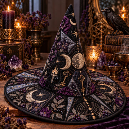 Torchlit Key Quilted Witch Hat – Triple Moon Witchcraft Brim Hat – styled with candles and crystals