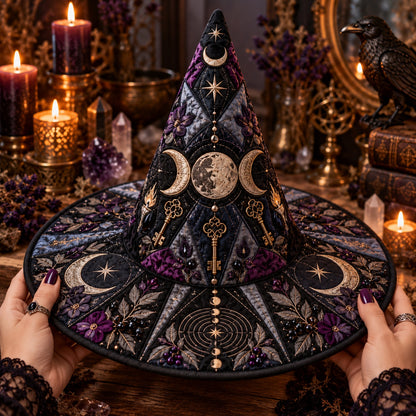 Torchlit Key Quilted Witch Hat – Triple Moon Witchcraft Brim Hat – held in both hands