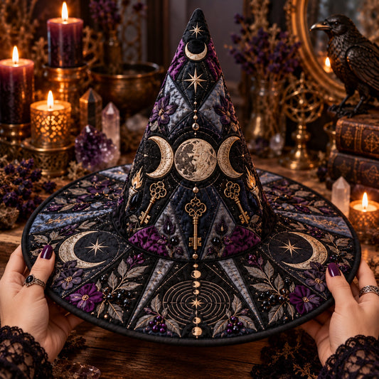 Torchlit Key Quilted Witch Hat – Triple Moon Witchcraft Brim Hat – held in both hands