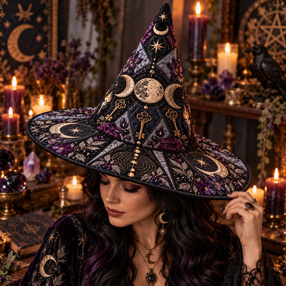 Torchlit Key Quilted Witch Hat – Triple Moon Witchcraft Brim Hat – worn by a model
