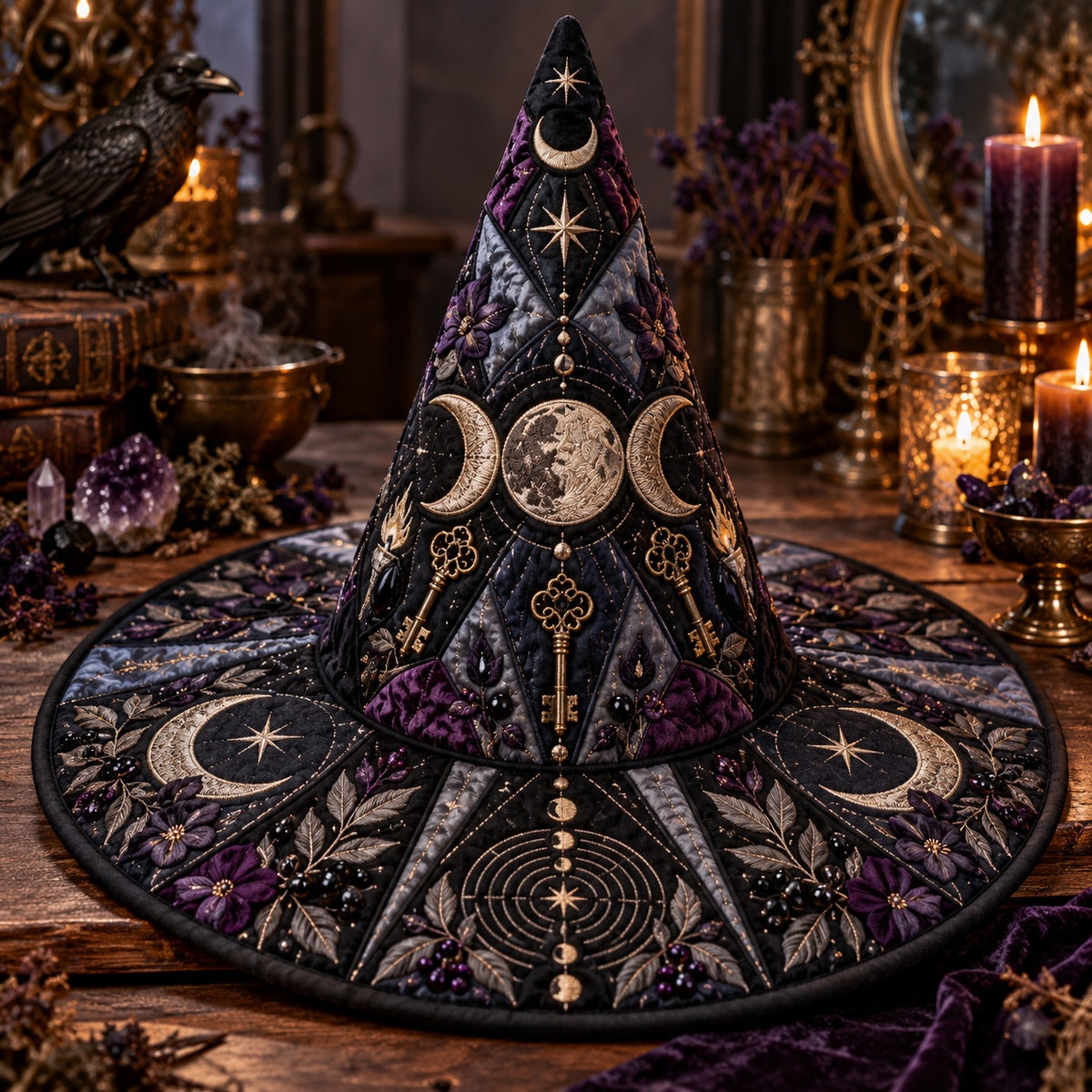 Torchlit Key Quilted Witch Hat – Triple Moon Witchcraft Brim Hat – styled with candles and crystals