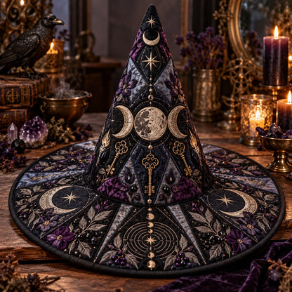 Torchlit Key Quilted Witch Hat – Triple Moon Witchcraft Brim Hat – styled with candles and crystals