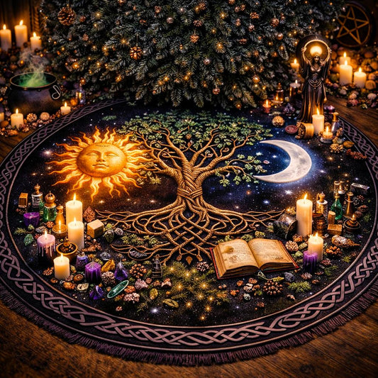 Dark velvet Yule tree skirt with a vibrant Tree of Life, sun, and moon design, surrounded by candles and pagan decor.