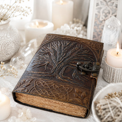 Tree of Life Antique Leather Journal – Handmade Pagan Grimoire Deckle Pages – leather journal, back cover view