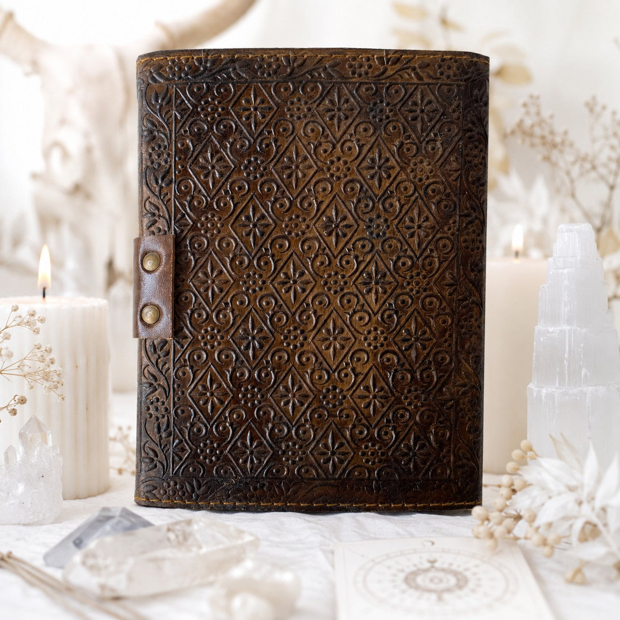 Tree of Life Antique Leather Journal – Handmade Pagan Grimoire Deckle Pages – leather journal, open blank pages view