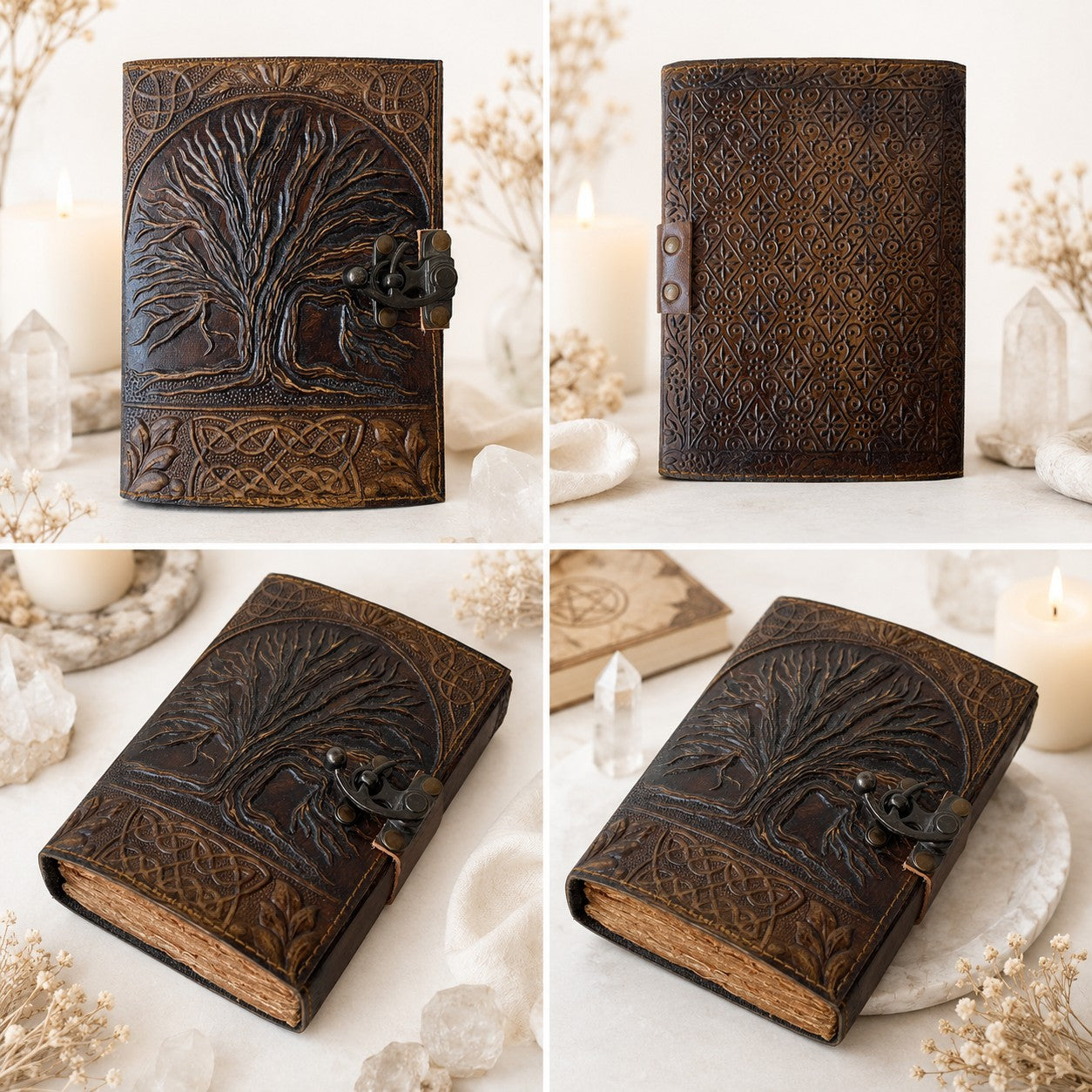 Tree of Life Antique Leather Journal – Handmade Pagan Grimoire Deckle Pages – leather journal, close-up cover detail